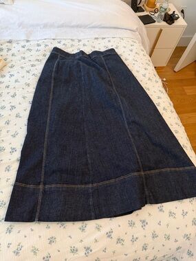 Zara Dark Blue Denim Midi A-Line Skirt with Belt